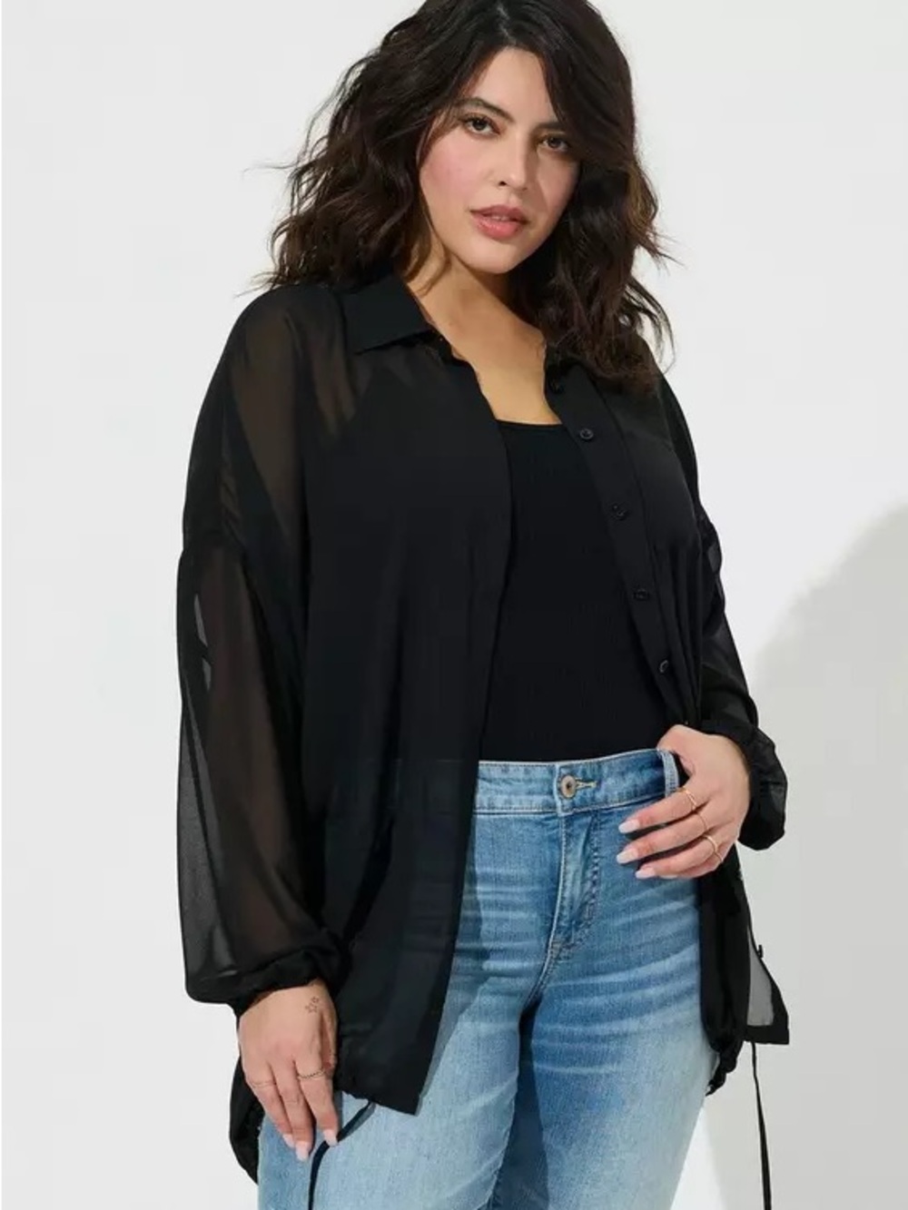 Torrid Black Chiffon Sheer Button Front High Low Draped Blouse Top Size 3X